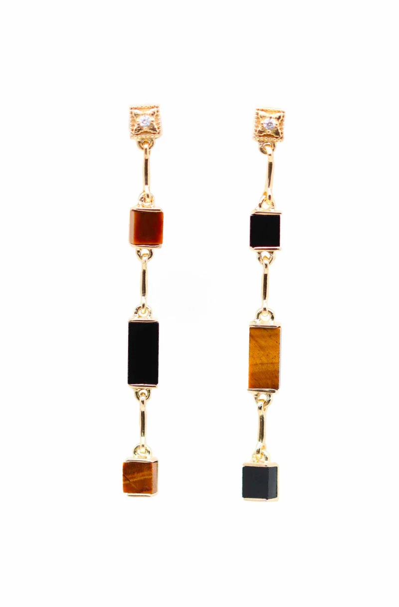 Boucles d'oreilles pendante Oeil de tigre et Onyx noir I Louisette - Image 3