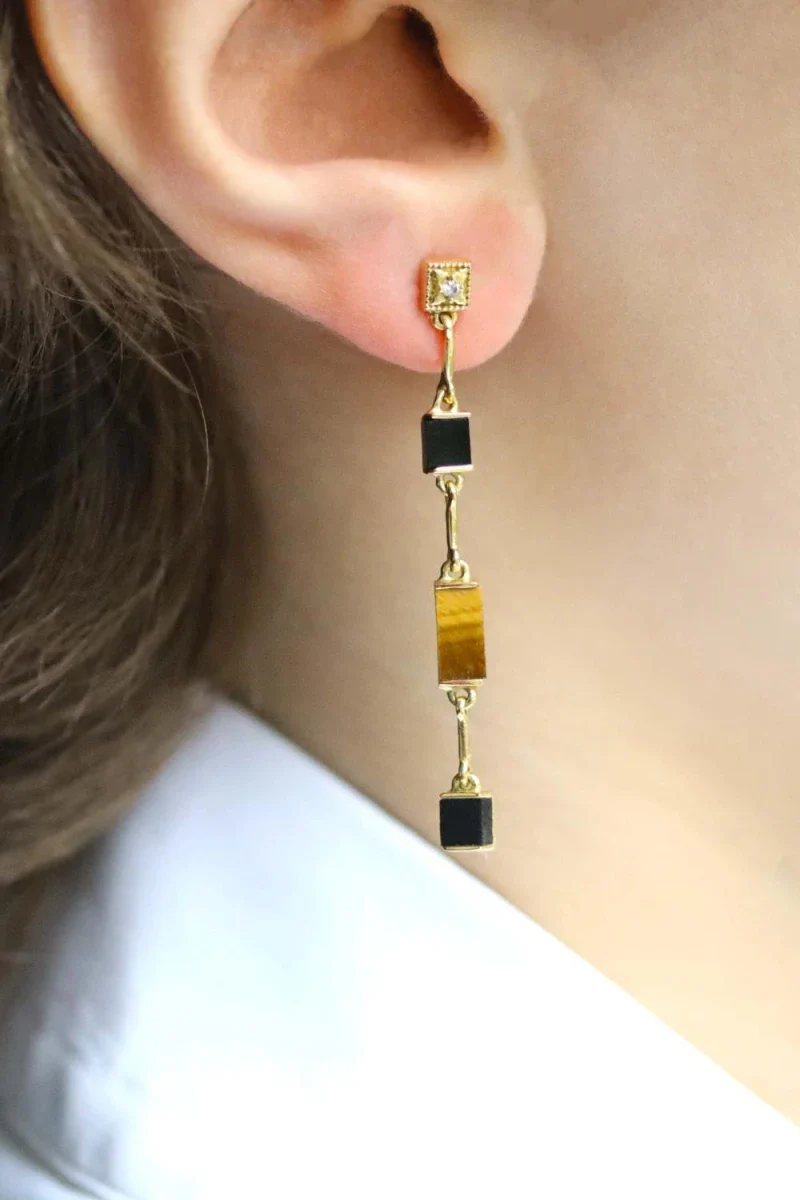 Boucles d'oreilles pendante Oeil de tigre et Onyx noir I Louisette - Image 4